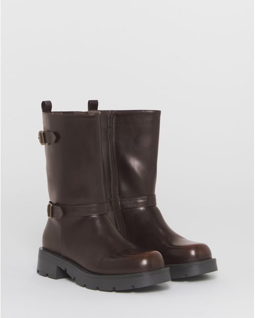 Simply Be Brown Strap Biker Boots Wide