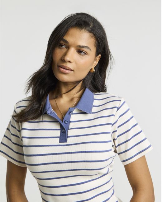 Simply Be Blue Ribbed Stripe Polo Top