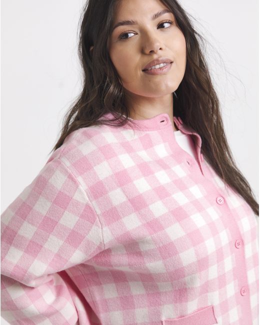 Simply Be Pink Gingham Crew Neck Cardigan