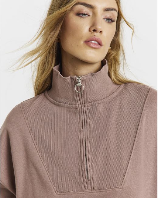 Simply Be Brown 1/4 Zip Sweatshirt With Rib Panel