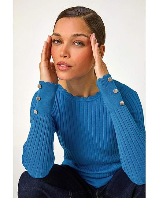 Roman Blue Roman Button Ribbed Longline Jumper