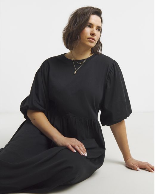Simply Be Black Puff Sleeve Jersey Smock Pocket Midi