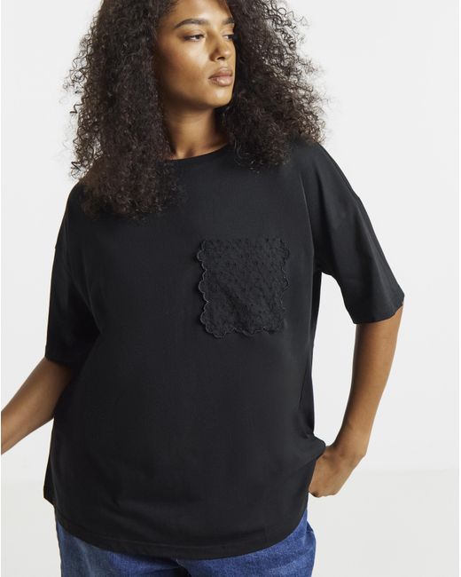 Simply Be Black Broderie Pocket T-Shirt