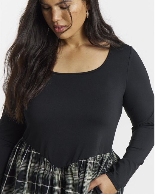 Simply Be Black Jersey Woven Mix Check Midi Dress