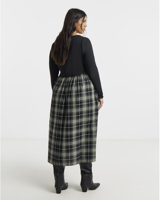 Simply Be Black Jersey Woven Mix Check Midi Dress
