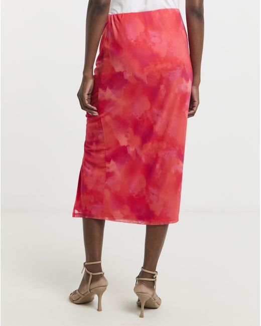 Simply Be Red Mesh Overlay Ruched Side Midi Skirt