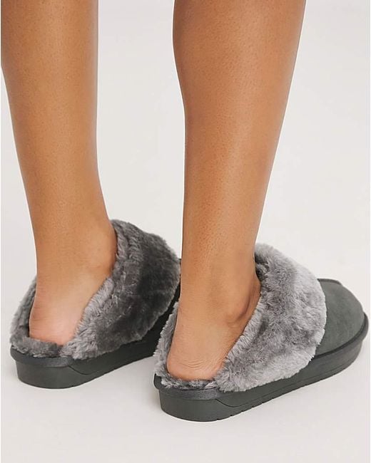 Simply Be Gray Faux Fur Lined Suede Mule Slipper Exwide