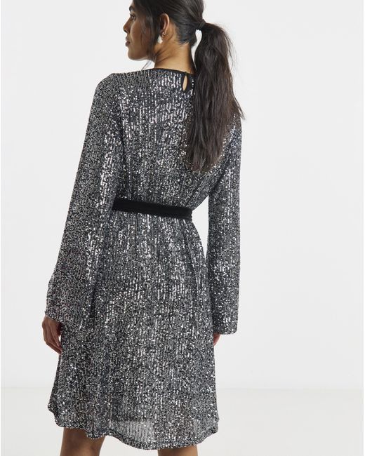 Simply Be Gray Sequin Skater Dress With Belt