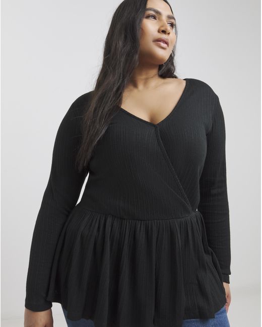 Simply Be Black Ribbed Soft Touch Mock Wrap Top