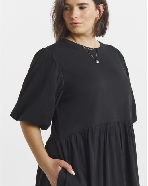 Simply Be Black Puff Sleeve Jersey Smock Pocket Midi
