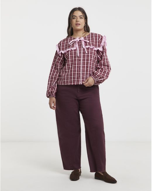 Neon Rose Red Sailor Collar Checked Blouse
