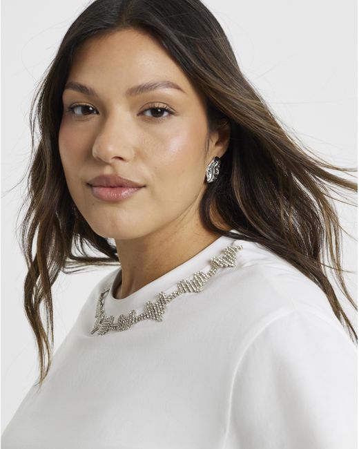 Simply Be White Heart Diamante Crew Neck T-Shirt