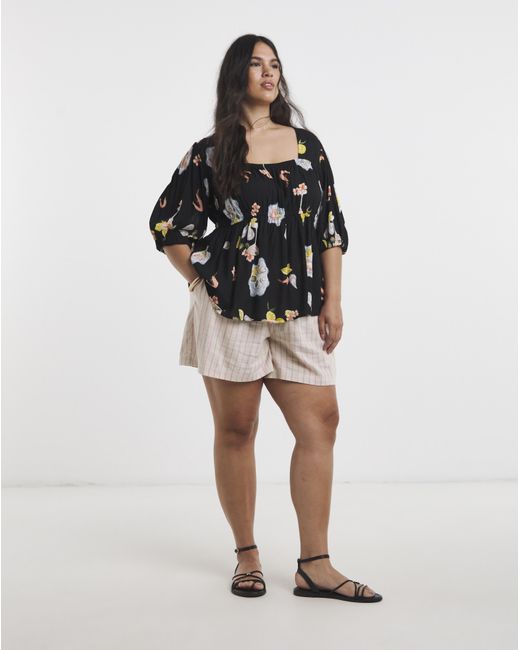 Simply Be Black Multi Print Shirred Peplum Top