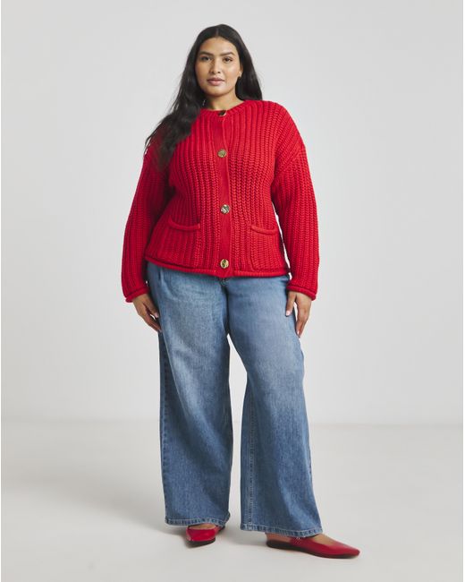 Simply Be Red Chunky Knitted Crew Neck Cardigan