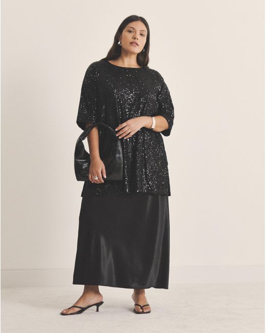 Simply Be Black Linear Sequin Oversized T-Shirt