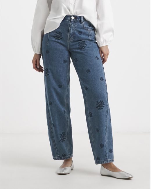 Simply Be Blue Embroidered Barrel Jeans