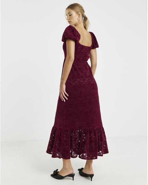 Lovedrobe Red Puff Sleeve Devore Midaxi
