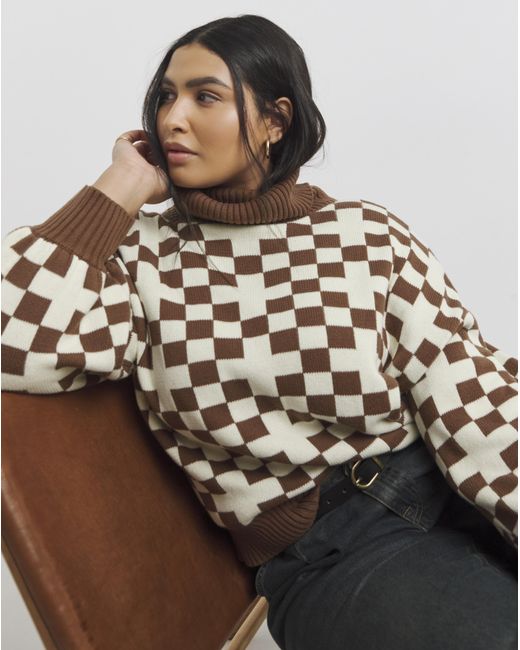Native Youth Brown Oversized Checkered Jumper