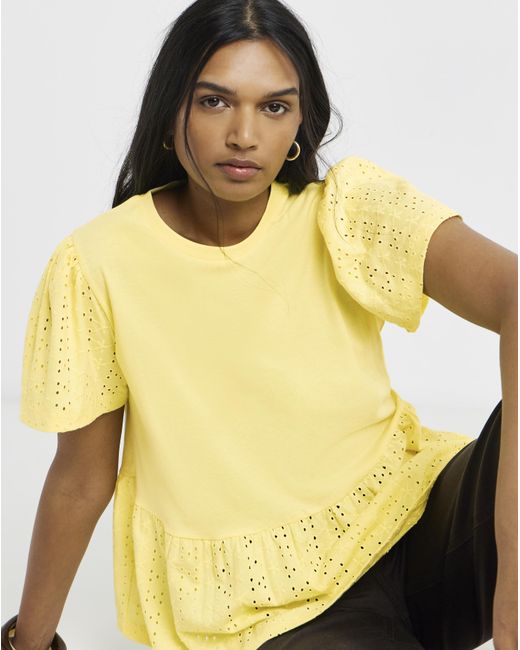Simply Be Yellow Crew Neck Peplum Broderie Top