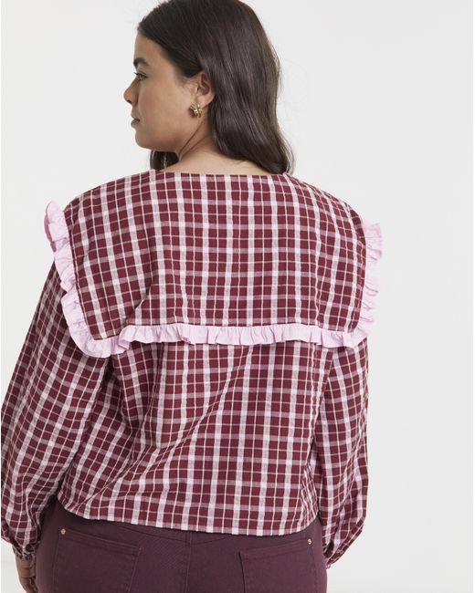 Neon Rose Red Sailor Collar Checked Blouse