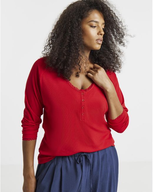 Simply Be Red Ribbed Lace Ls Henley