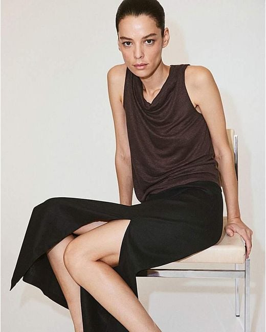 Mango Black Linen Top With Draped Neck