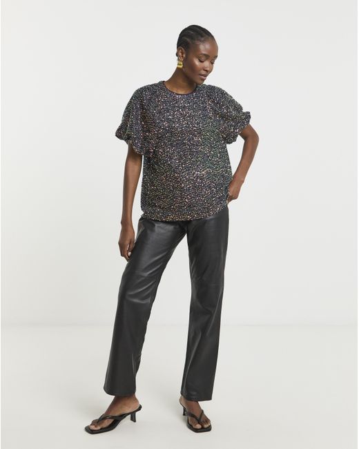 Joanna Hope Gray Sequin Puff Sleeve Top