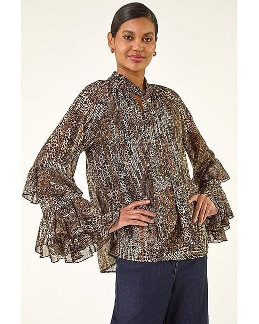 Roman Brown Roman Animal Print Tie Front Flared Top