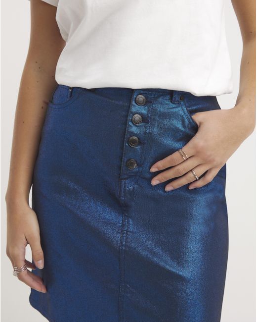 Simply Be Blue Exposed Button Metallic Mini Skirt