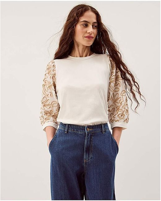 Monsoon Blue Freya Embroidered Sleeve Top