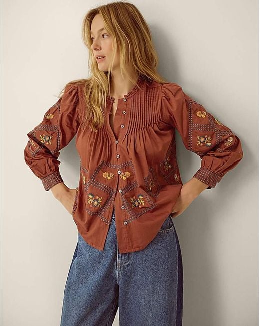 Monsoon Orange Sadie Embroidered Pintuck Blouse