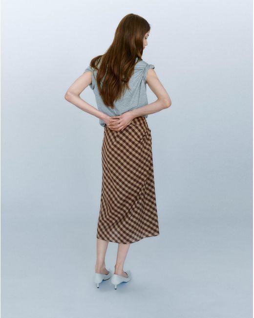 Mango Blue Gingham Skirt With Draped Detail