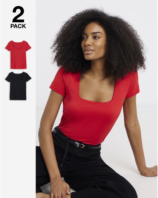 Simply Be Red 2 Pack Soft Touch Square Neck Tops