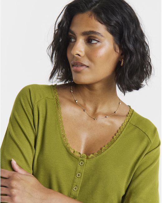 Simply Be Green Ribbed Lace Ls Henley