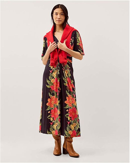 Monsoon Red Moana Floral Jersey Midi Dress