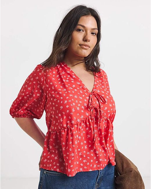 Simply Be Red Poly Slub Tea Blouse