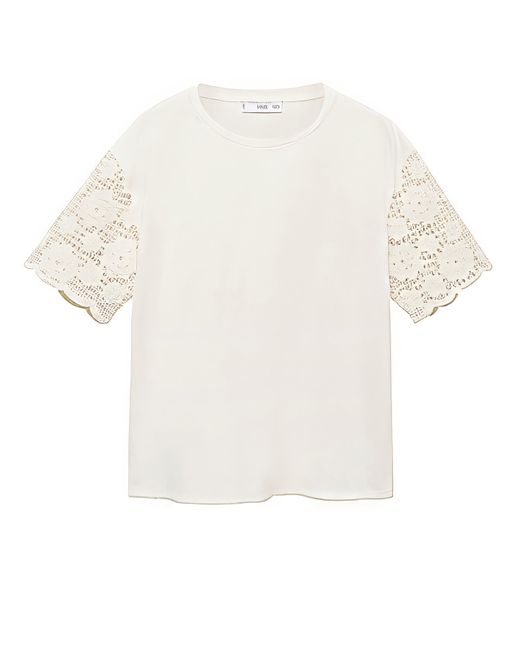Mango White Crochet Sleeve Cotton T-Shirt