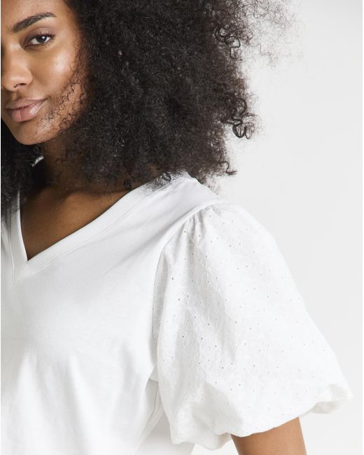 Simply Be White Broderie Puff Sleeve T-Shirt