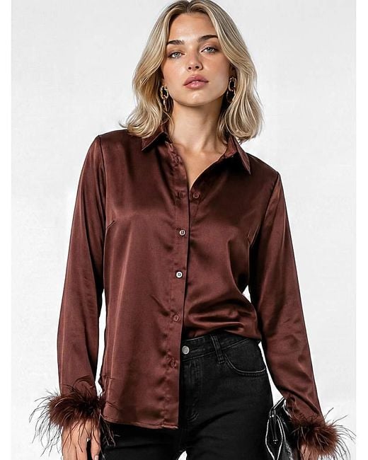 Lovedrobe Red Feather Cuff Satin Shirt