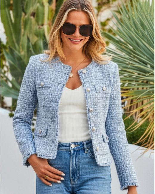 Sosandar Blue Textured Fringe Jacket