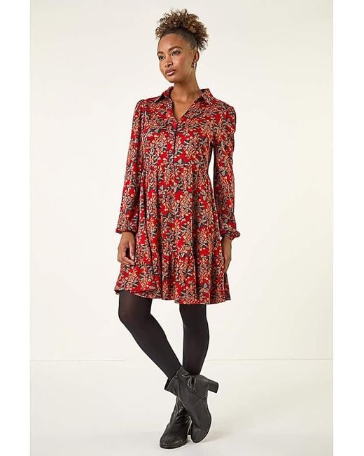 Roman Red Roman Floral Print Button Stretch Dress