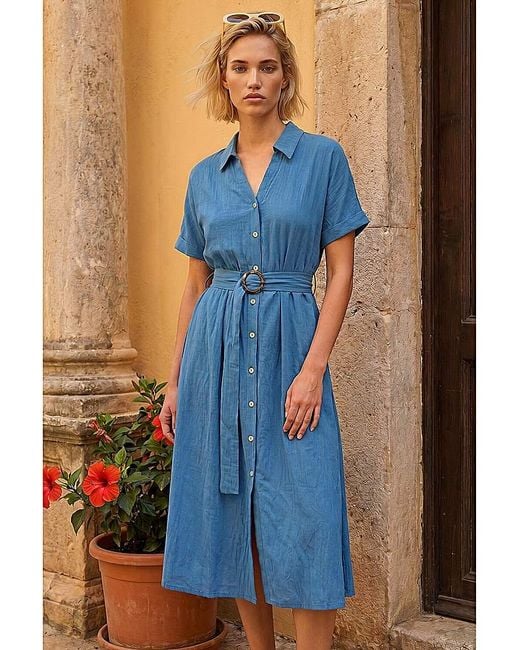 Roman Blue Roman Linen Look Belted Shirt Dress