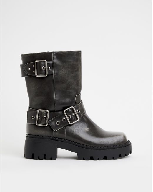 Simply Be Black Chunky Buckle Ankle Biker Boot Wide