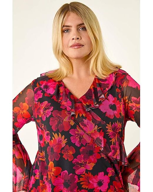 Roman Curve Red Floral Ruffle Mesh Top