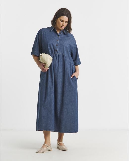 Simply Be Blue Short Sleeve Collared Denim Midaxi Dress