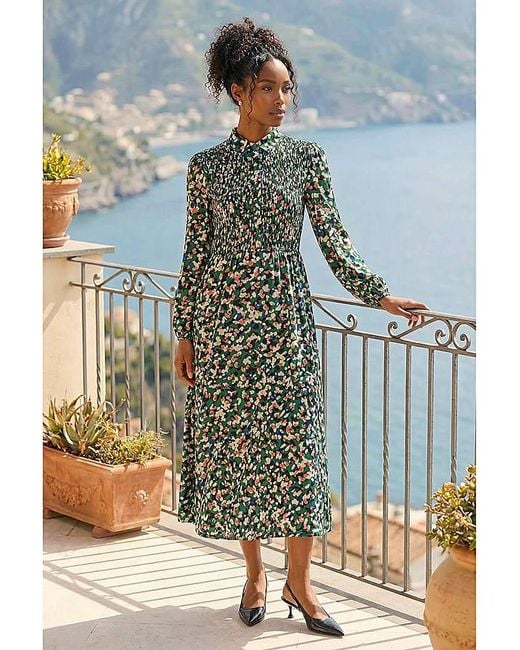 Roman Blue Roman Speckled Print Shirred Midi Dress