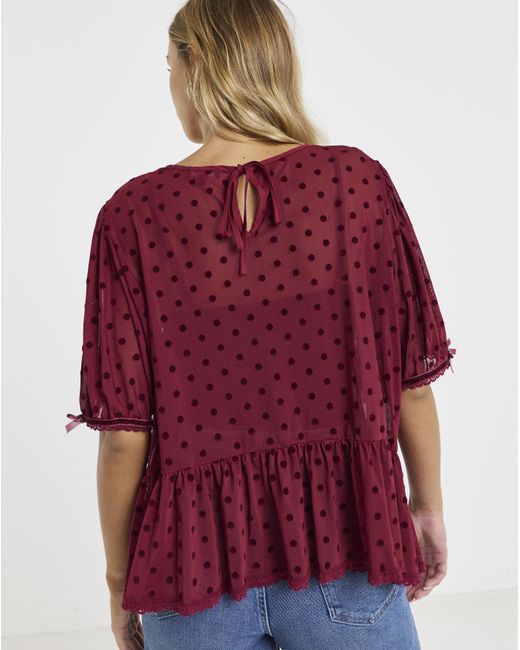 Simply Be Red Lace Mesh Puff Sleeve Top