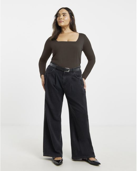 Simply Be Black Long Sleeve Square Neck Top