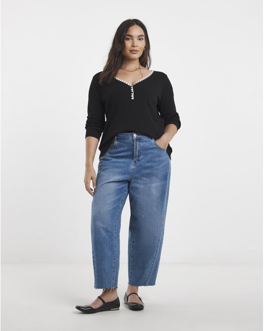 Simply Be Black Ribbed Henley Top With Whipstitching