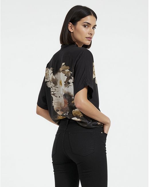 Religion Black Tie Neck Floral Graphic Blouse